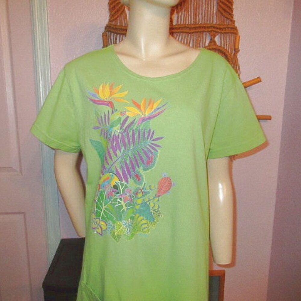 Sabaku Art Paradise T-Shirt Dress Size M Pockets Stretch Birds Lotus Floral Boho - Picture 2 of 12